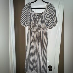 Striped Puff Sleeve Midi Dress - Neutral Blue & Cream